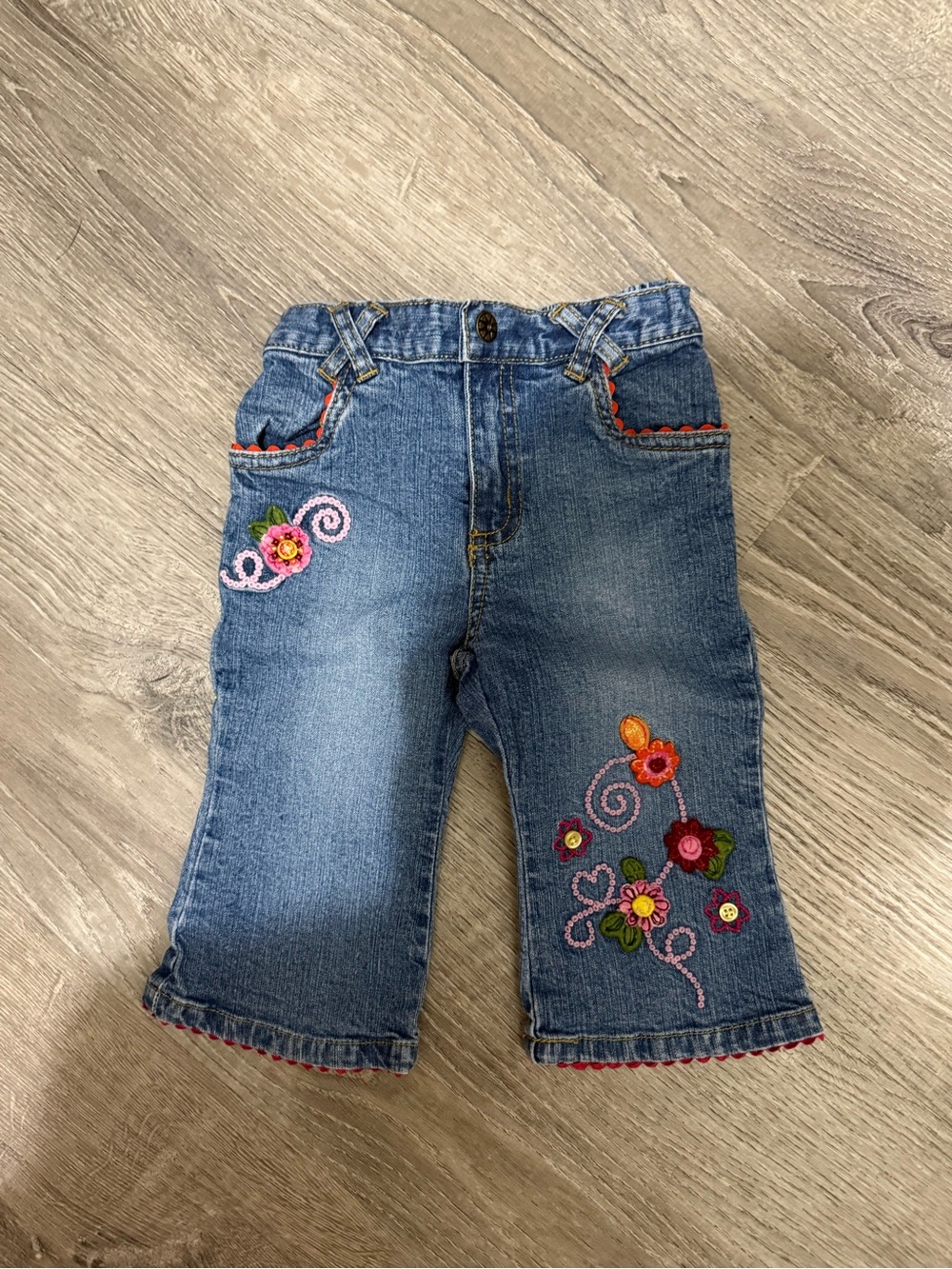 Vintage Girls' Blue Embroidered Denim Jeans - Floral Detail